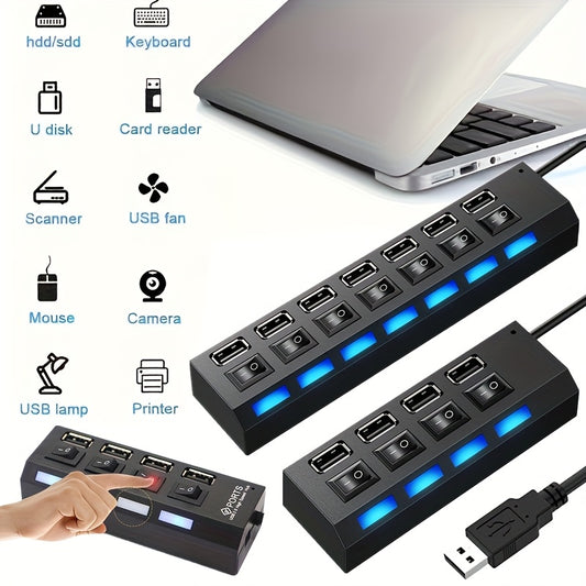 [7-Port USB Hub] 7-Port USB 2.0 Hub | Power On/Off Switch, LED Indicators, USB 3.0 Male to Female Adapter | for PC, Laptop, and Peripherals, USB Powered, 5V Operating Voltage
